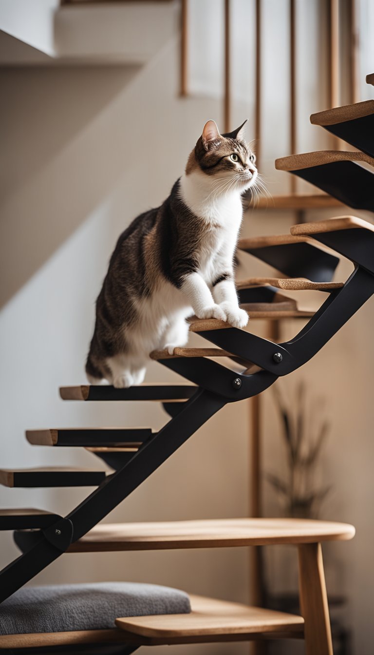 A cat climbs MangoCat Cat Ladder 21, a DIY staircase for older cats, with multiple steps and a sturdy design