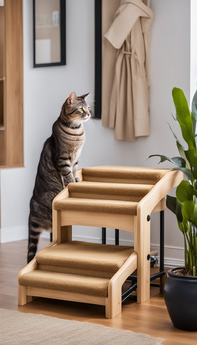 Three-tiered pet stairs with carpeted steps and a sturdy wooden frame, designed for older cats to easily climb and reach higher places