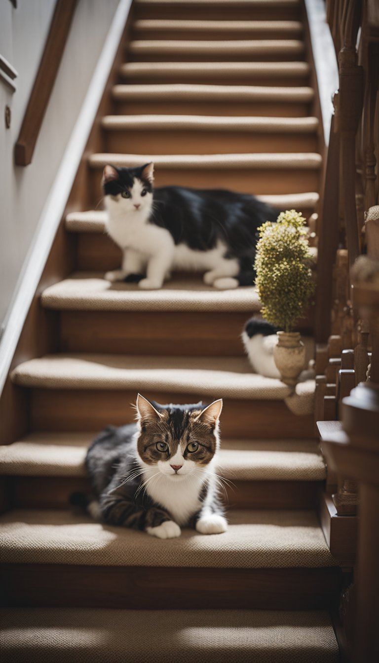 Senior cats struggle with stairs. DIY cat stairs can help. Illustrate an older cat hesitating at the bottom of a staircase, while a set of homemade cat stairs offers a gentle alternative