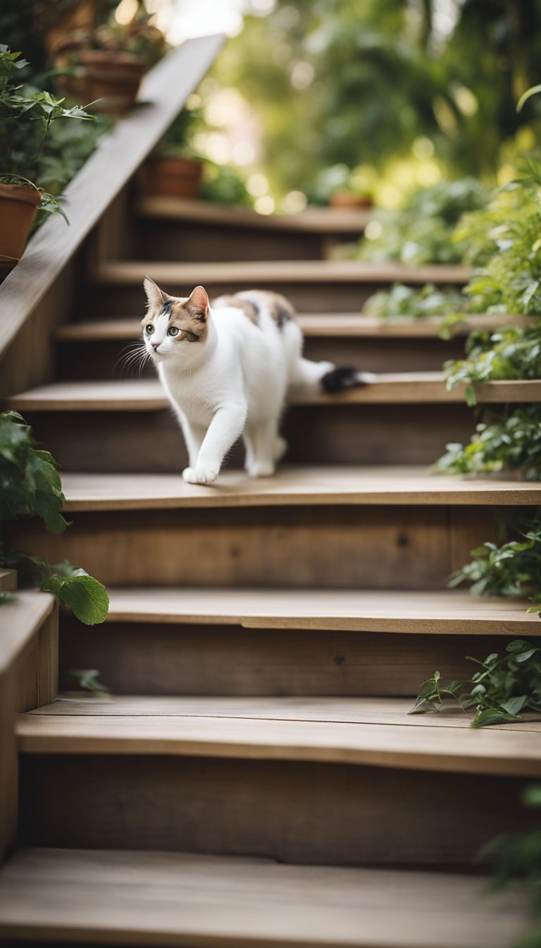 A cat confidently climbs the DIY stairs, enjoying the ease of access to elevated areas. The sturdy construction provides stability for older cats