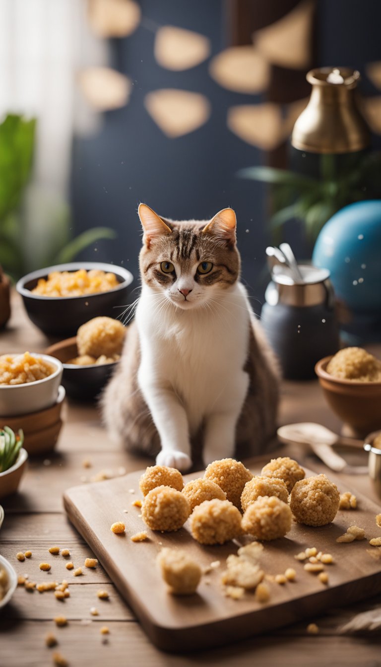 A cat playfully bats at a homemade chicken and rice ball treat on a wooden surface, surrounded by scattered ingredients and utensils