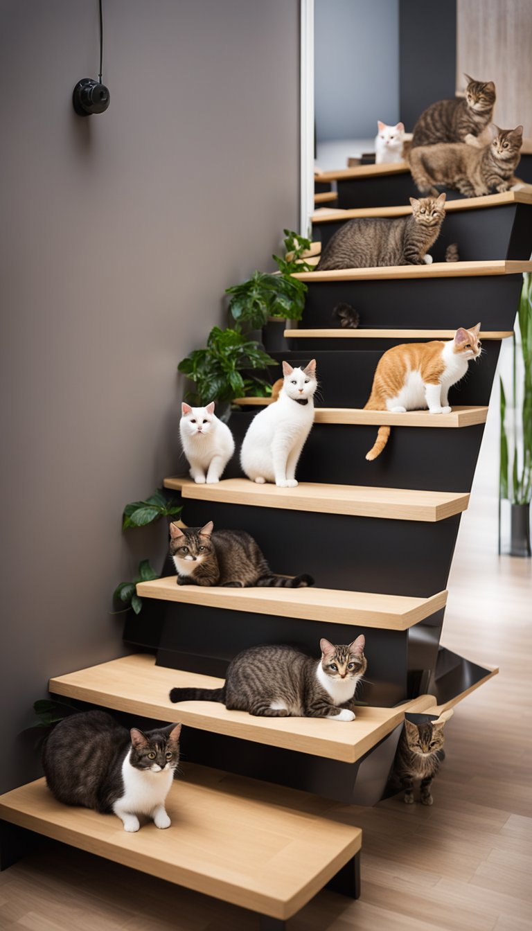 A group of 21 different DIY cat stairs are arranged in a room, with various designs and sizes, all intended to help older cats navigate their environment safely and comfortably