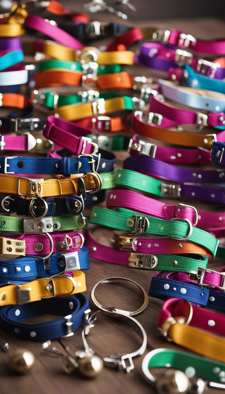 Colorful cat collars arranged on a table with name tags and small bells attached. Materials like fabric, thread, and small tools are scattered around