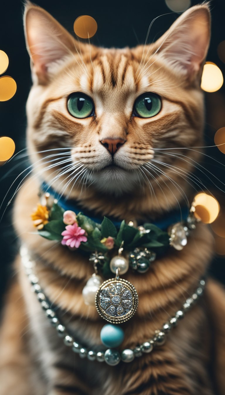 A cat wearing a personalized DIY collar adorned with floral charms