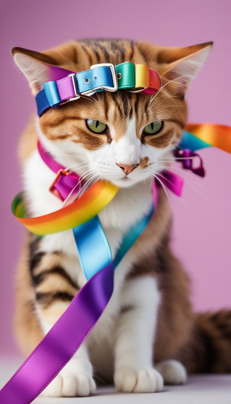 A colorful cat collar with personalized rainbow ribbons, ready for DIY customization