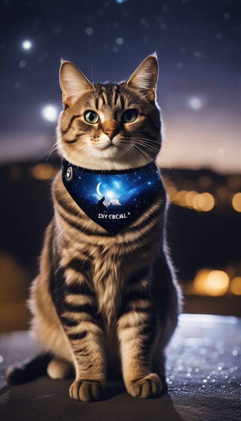 A cat wearing a personalized DIY collar under a starry night sky with Collar 71 logo