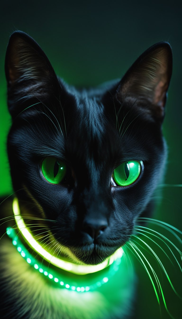 A black cat wearing a personalized glow-in-the-dark collar, standing in a dark room with the collar emitting a soft green glow