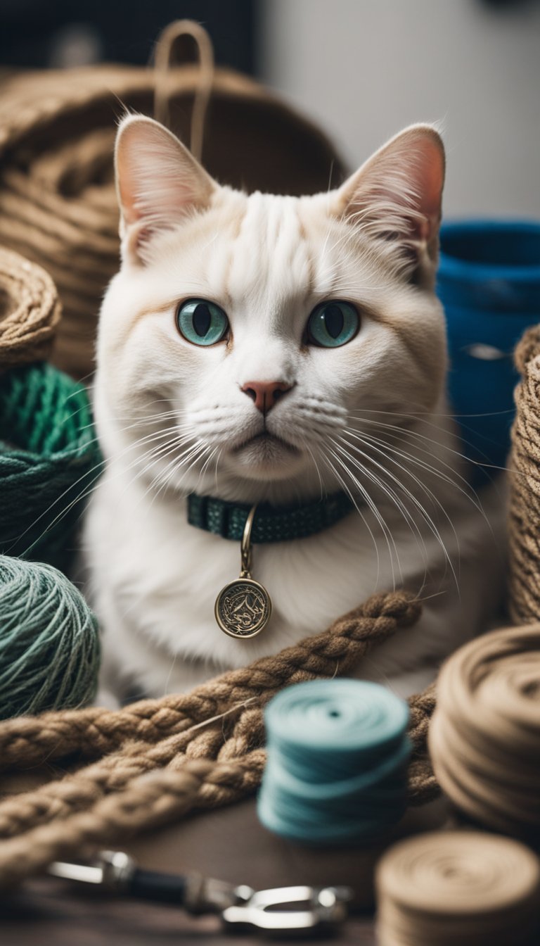 A cat wearing a personalized hemp collar with eco-friendly design, surrounded by DIY crafting materials