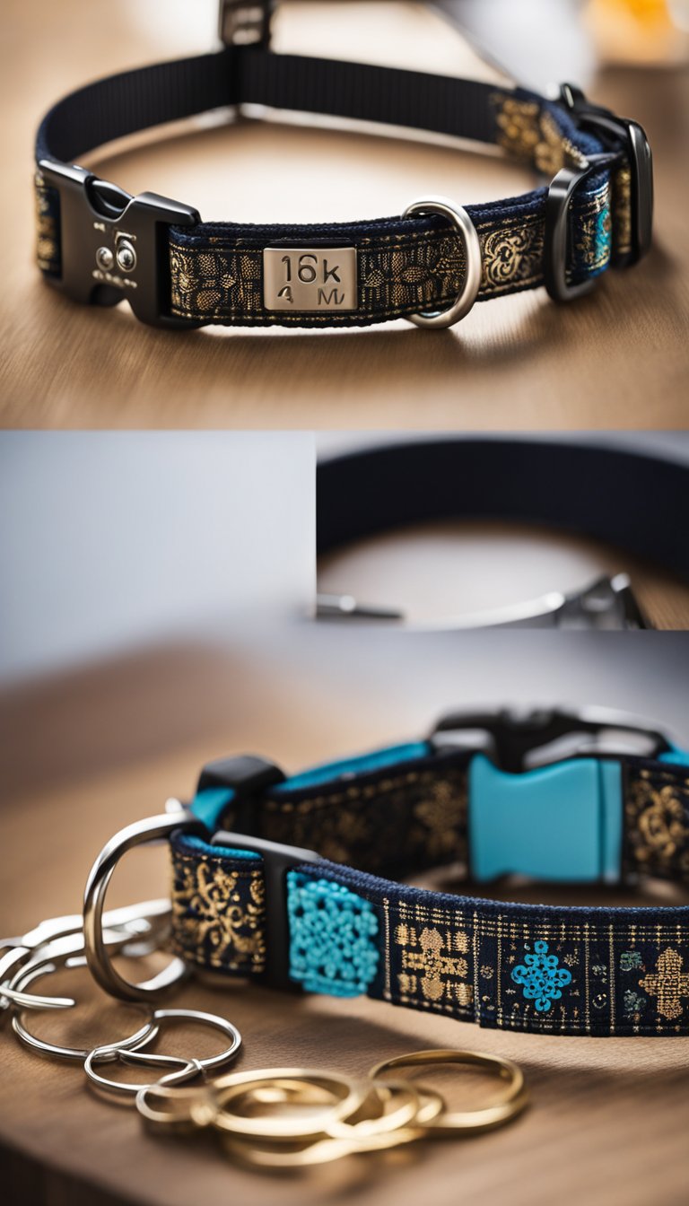 A cat collar with a personalized engraving, surrounded by DIY materials for customization