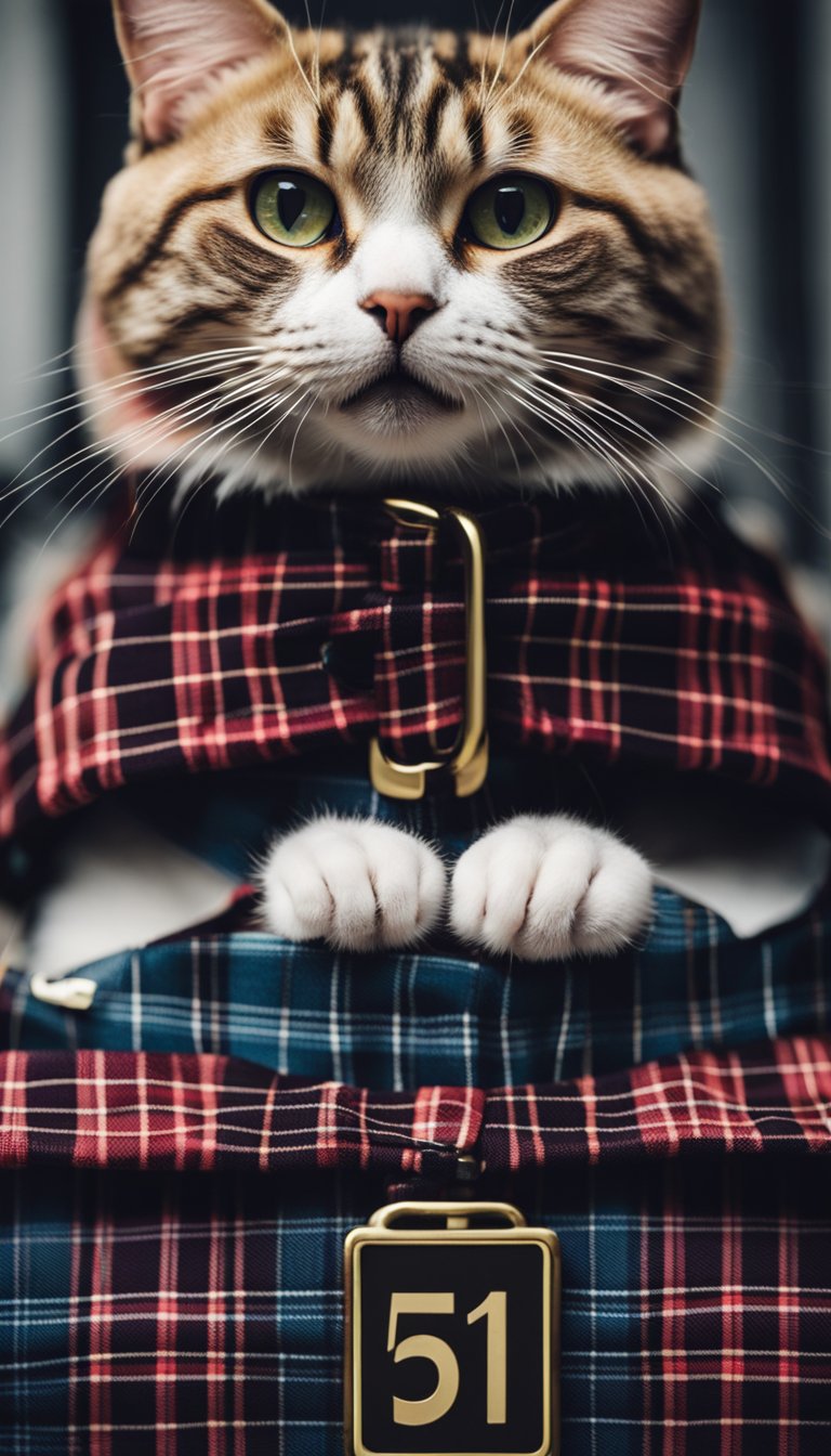 A plaid tartan collar with the number 71 is being personalized for a cat, with DIY elements visible