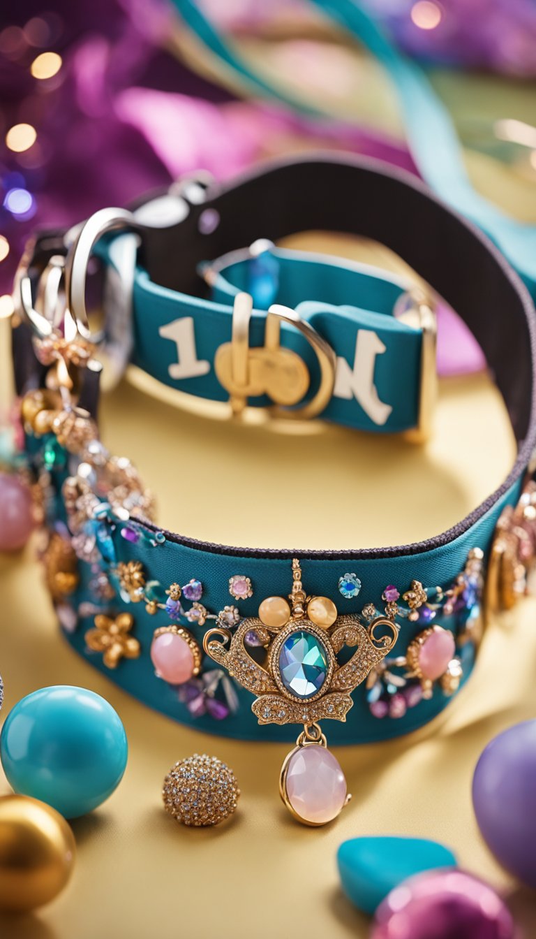 A whimsical unicorn collar adorned with colorful gems and personalized with the number 71 hangs on a display, surrounded by DIY cat collars in a variety of patterns and designs