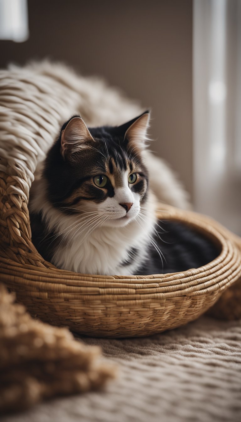 A fluffy cat bed made from a woven basket, lined with soft fabric and a cushion. Placed in a cozy corner with a warm blanket nearby