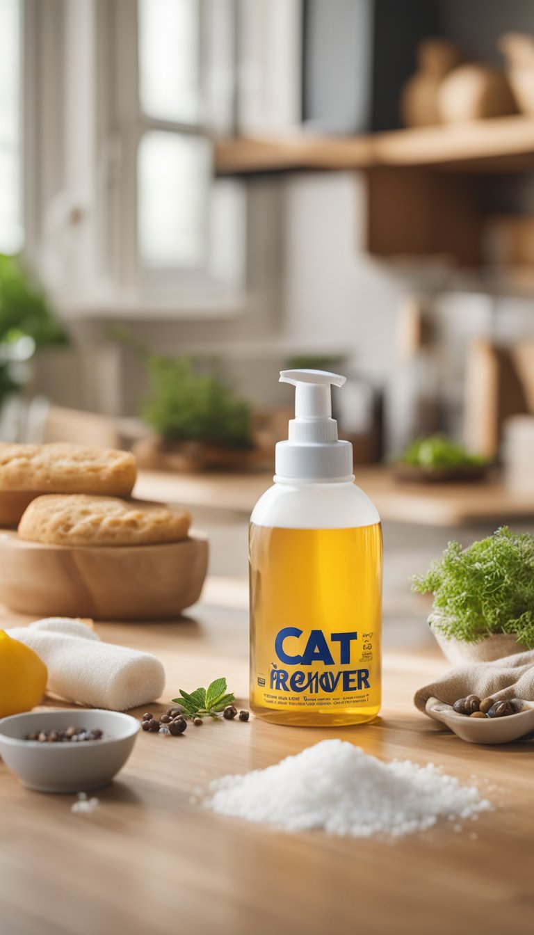 A cat stain remover bottle surrounded by natural cleaning ingredients like vinegar, baking soda, and essential oils on a clean, eco-friendly surface