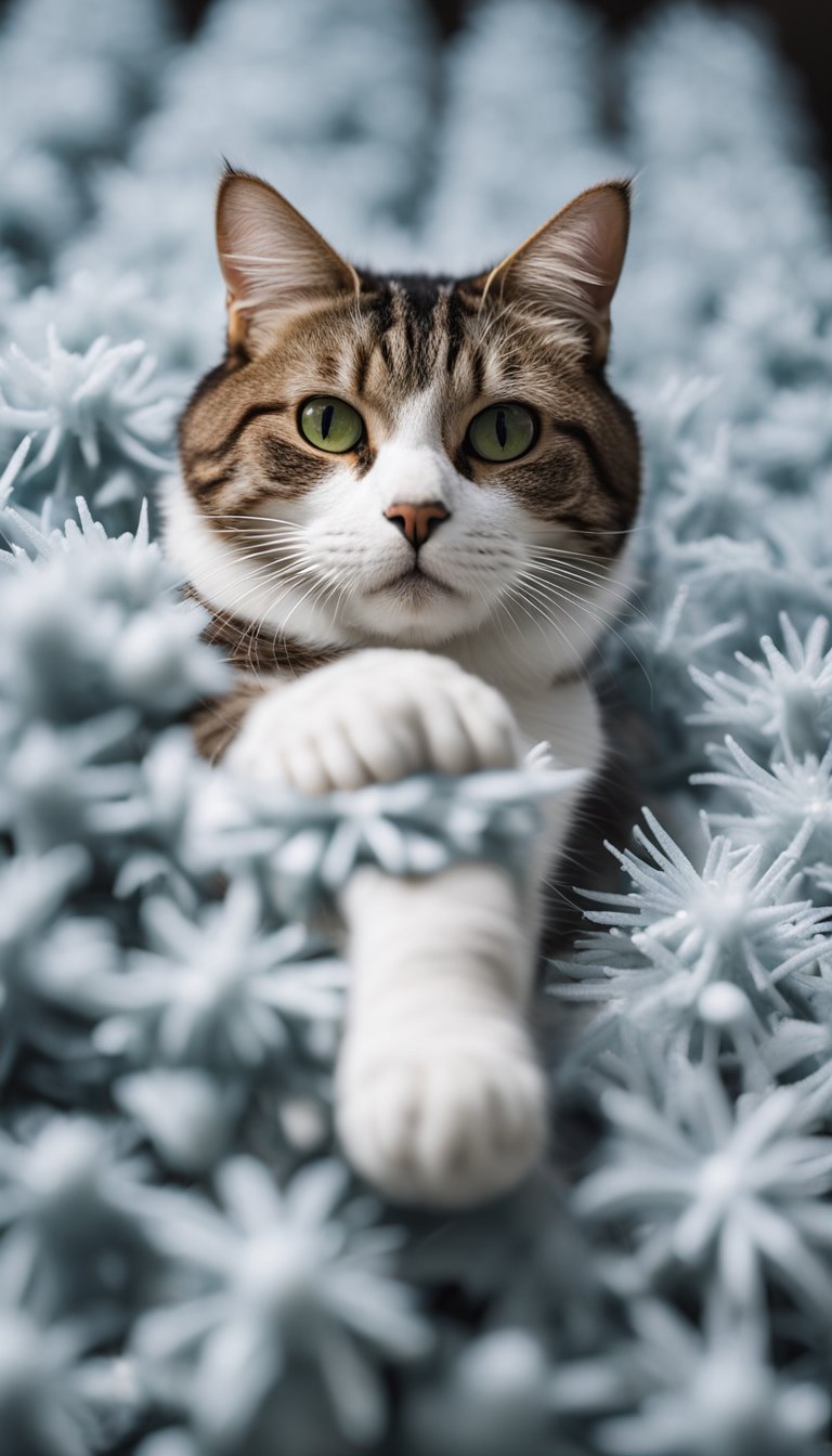 A cat lounges on a PetSafe Frosted Pet Mat, surrounded by 13 DIY cooling mats. The cat appears relaxed and comfortable on the cool surface