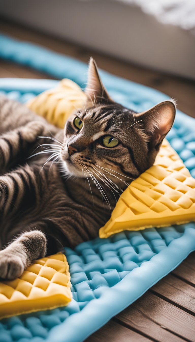 A cat lays on a Chillz Pad cooling mat, surrounded by DIY cat cooling mats from Hugs Pet Products