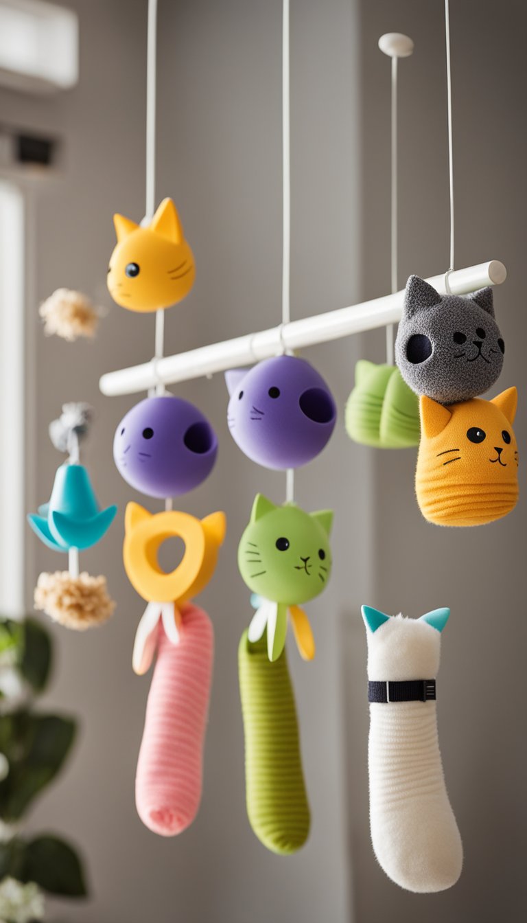 A hanging sock dispenser filled with DIY cat treat toys, surrounded by playful cats