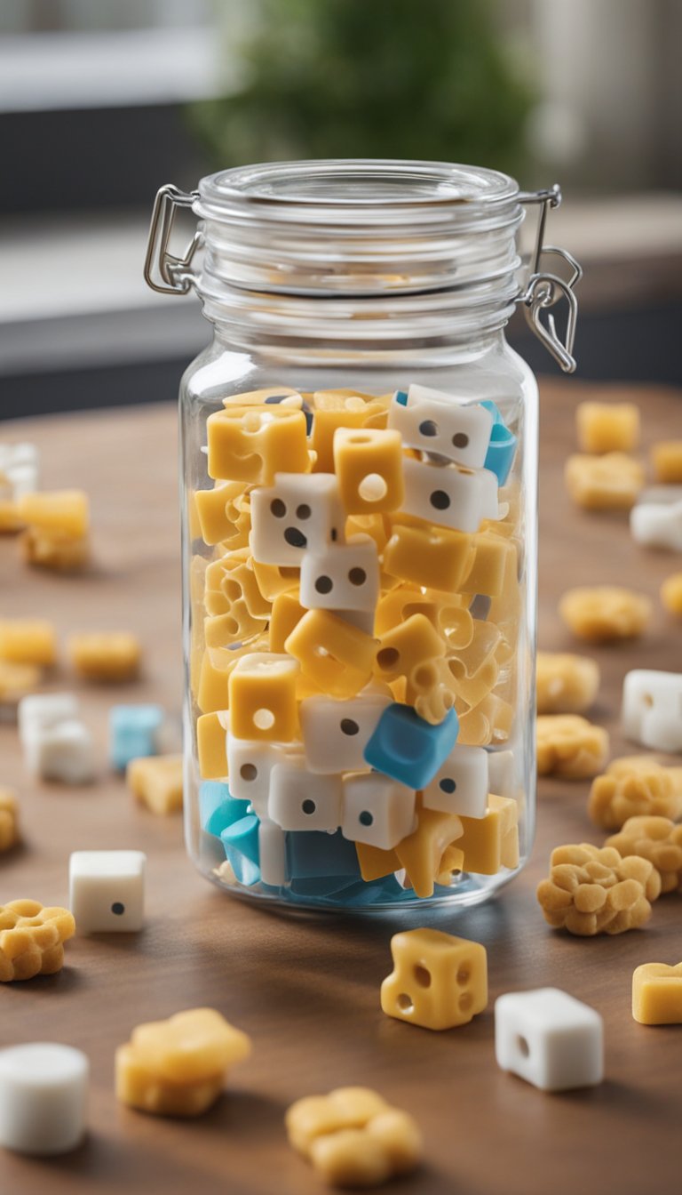 A plastic bottle puzzle sits on a table, filled with cat treats. A curious cat approaches, batting and rolling the bottle to release the treats