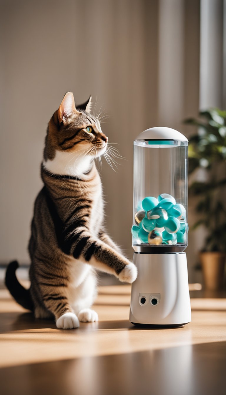 Cats interacting with homemade treat dispenser toys