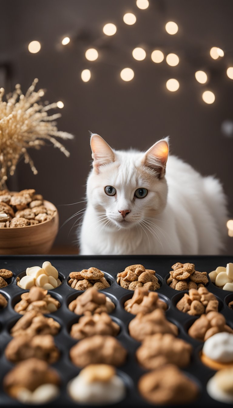 A muffin tray filled with cat treats, surrounded by DIY cat treat dispenser toys, ready for playful felines to enjoy