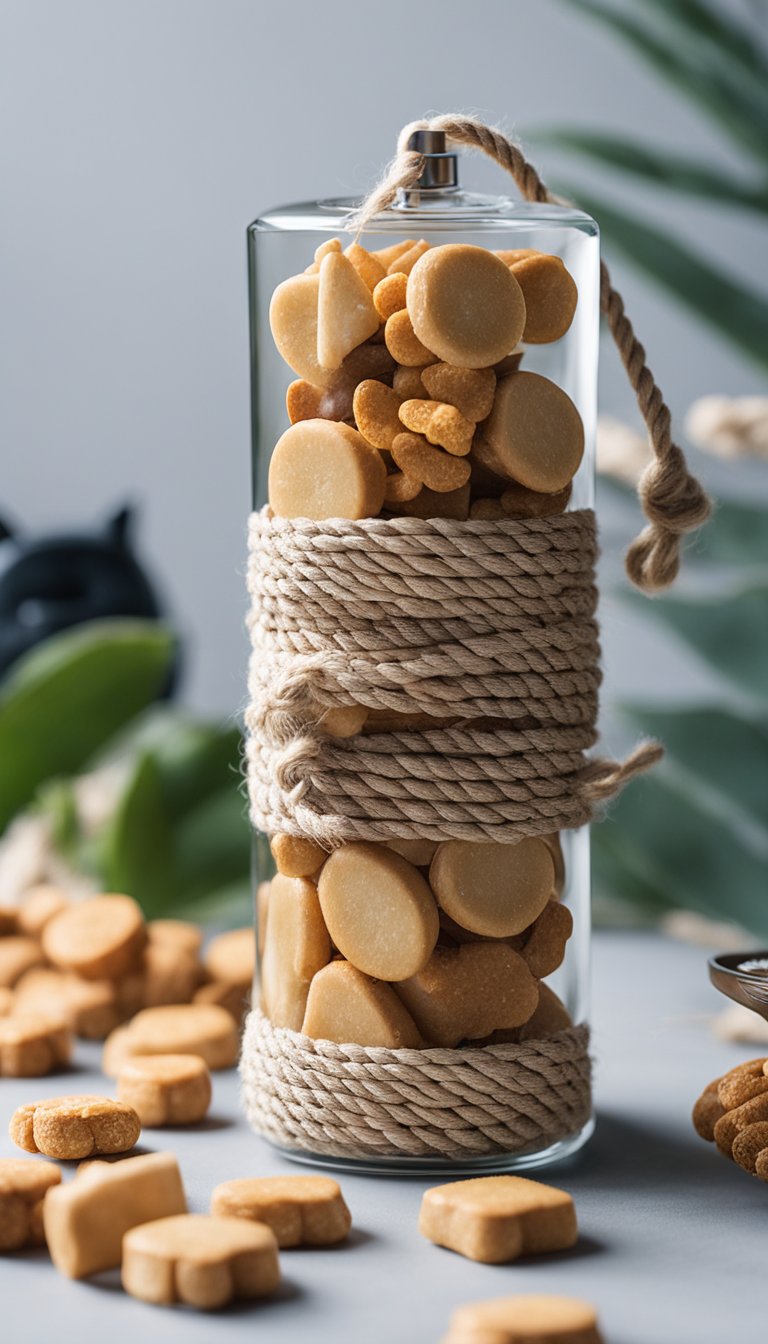 A bottle with sisal rope wrapped around it, filled with cat treats. A DIY cat treat dispenser surrounded by various crafting materials