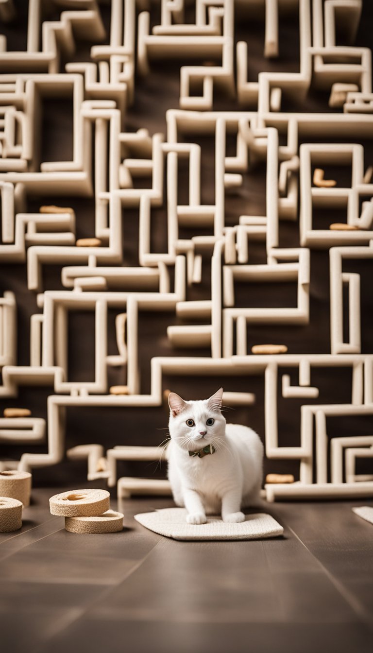 A toilet paper roll maze with cat treat dispensers. Cats play with the maze, releasing treats