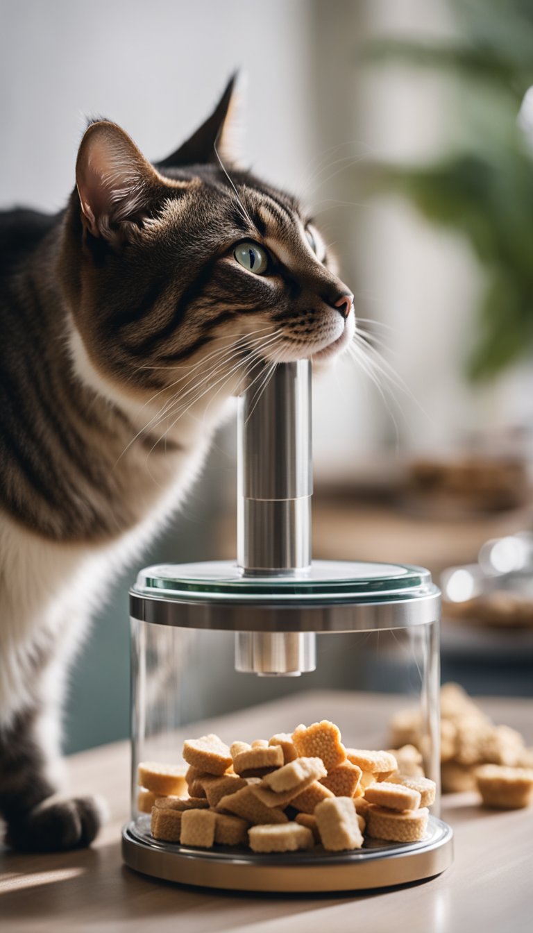 A cat treat dispenser sits on a table, filled with treats. A curious cat looks at it, pawing at the dispenser to release a treat