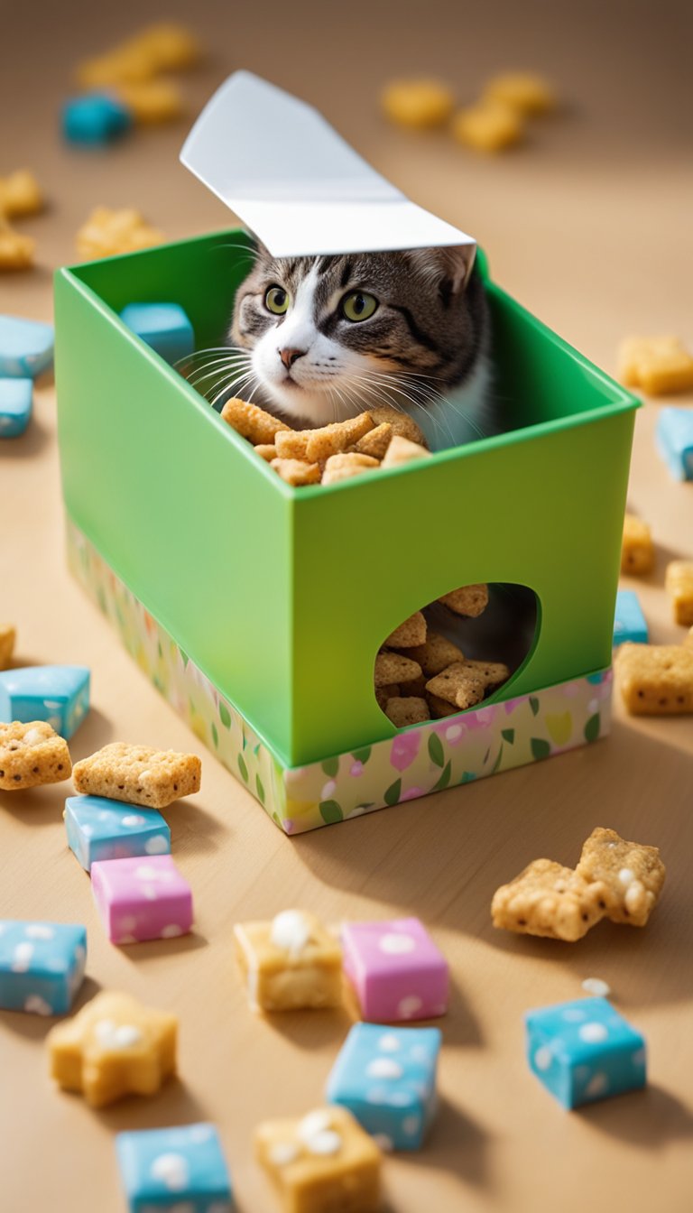 A tissue box with cat treats inside, being dispensed by a homemade toy