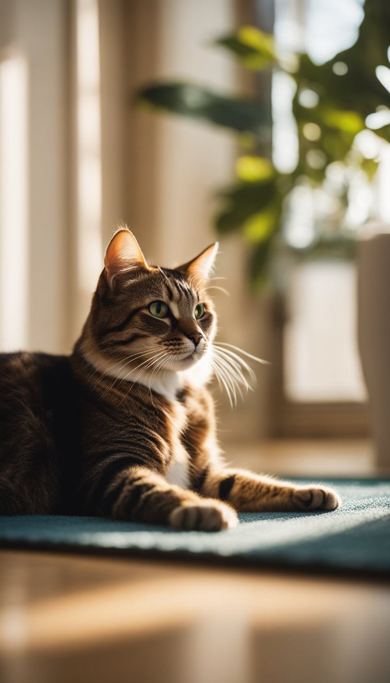 A cat lounging on a cool, gel-filled mat with a fan blowing nearby. Sunlight streams through a window, casting a warm glow on the relaxed feline