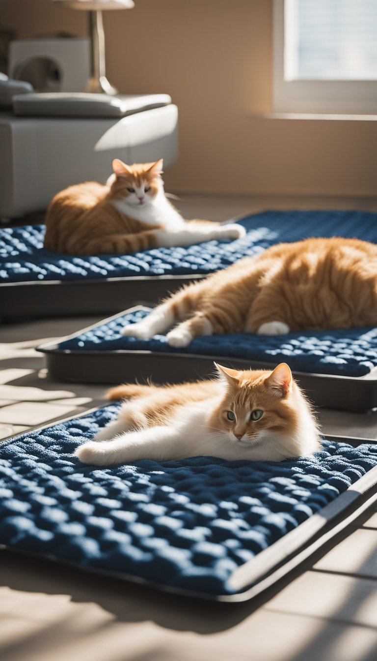 Cats lounging on DIY cooling mats, avoiding direct sunlight. No sharp objects or excessive weight on mats. Mats placed on cool, flat surfaces