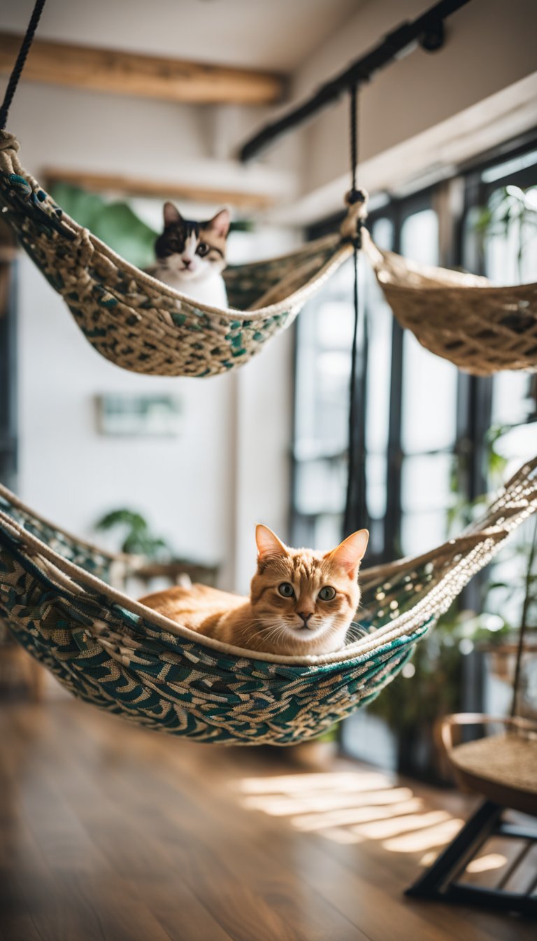 Cats lounging in various homemade hammocks, suspended from windows, chairs, and shelves. Each hammock is unique, made from different materials like fabric, rope, and wood