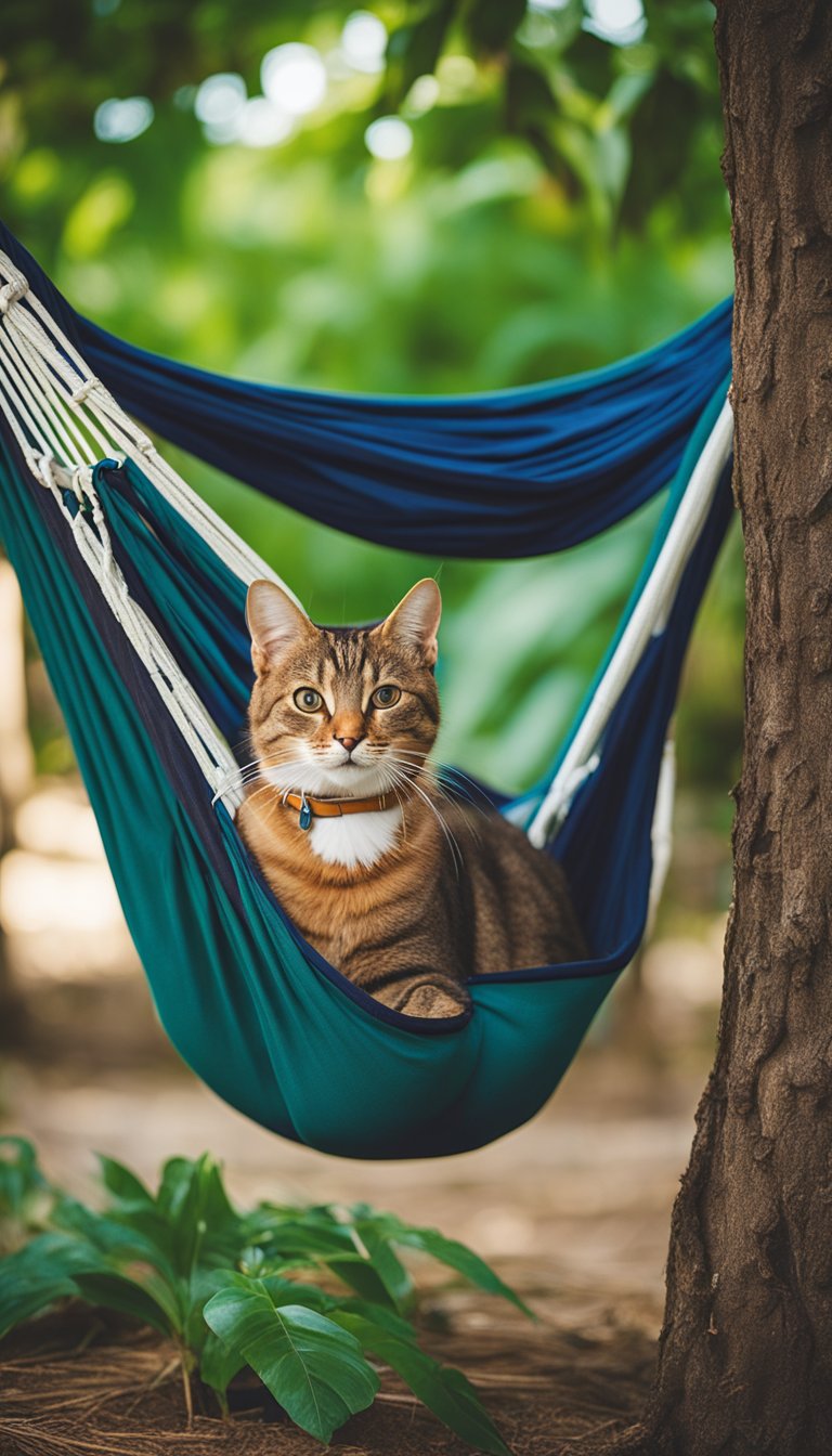 A colorful repurposed T-shirt hammock hangs between two trees, with a curious cat lounging comfortably in the center