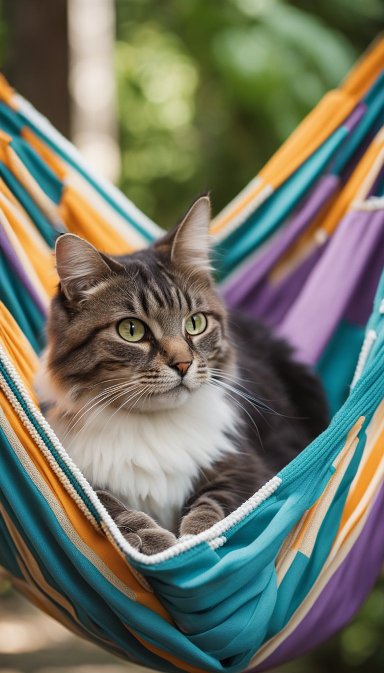 A colorful pillowcase is tied to two sturdy posts, forming a hammock. A fluffy cat lounges comfortably in the hammock, enjoying the cozy DIY creation