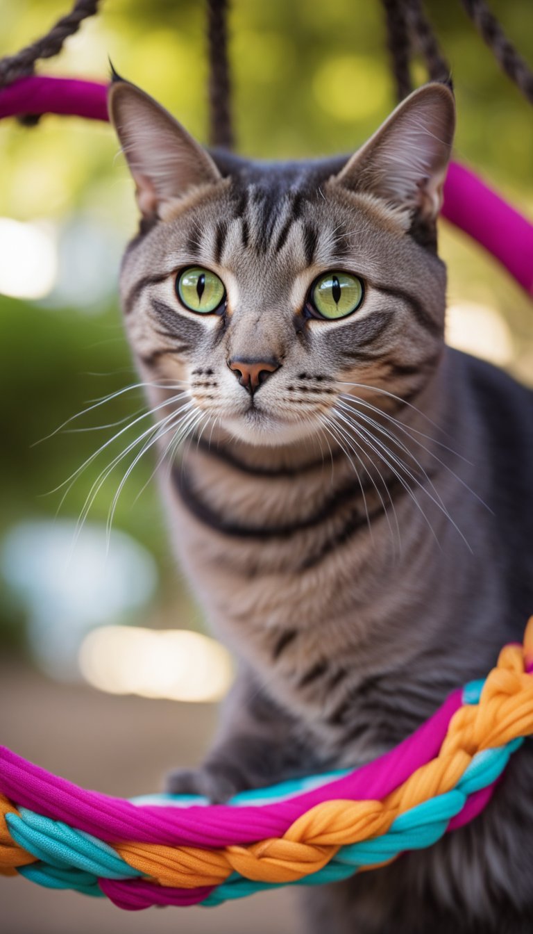 A cat lounges in a hula hoop hammock, suspended between two posts. The hammock is made of colorful fabric and secured with sturdy ropes