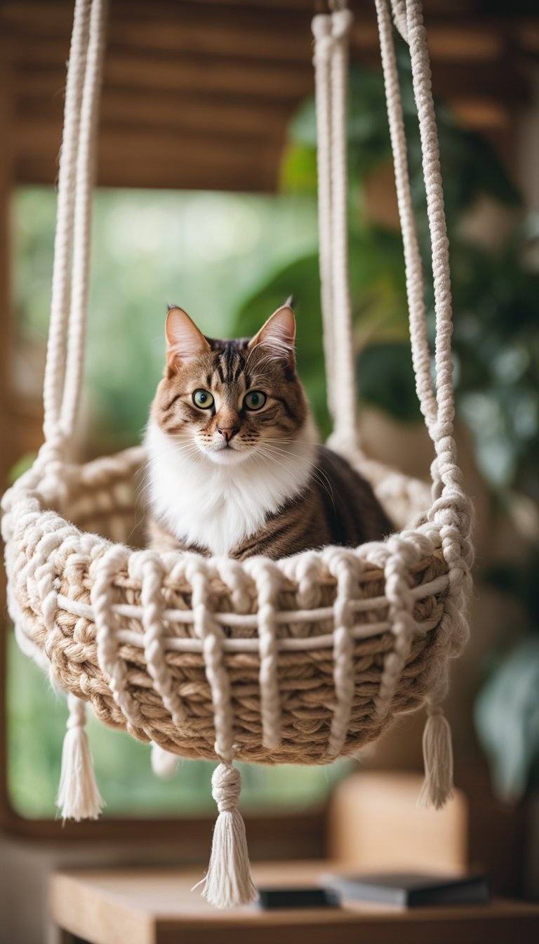 A cozy macramé cat hammock hangs from a sturdy wooden frame, adorned with soft cushions and dangling toys, creating a perfect spot for a feline nap