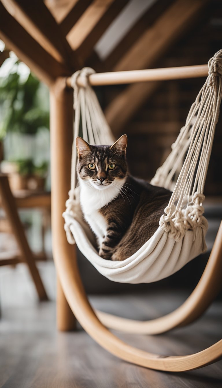 A wooden frame holds a cozy hammock, perfect for a cat to lounge in. The DIY design is simple and inviting, with a soft fabric suspended between the sturdy wooden beams