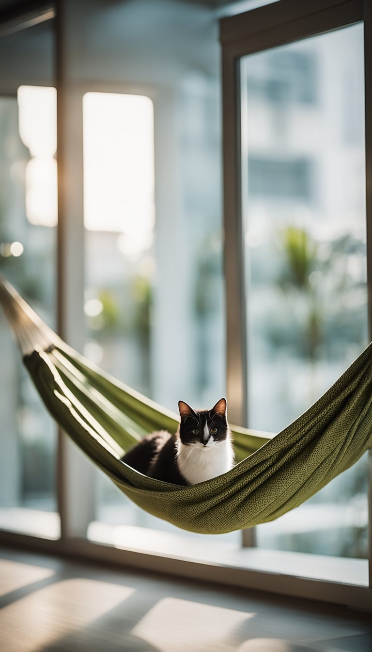 A window with a hammock made of fabric, secured by hooks. A cat lounges comfortably in the hammock, looking out the window