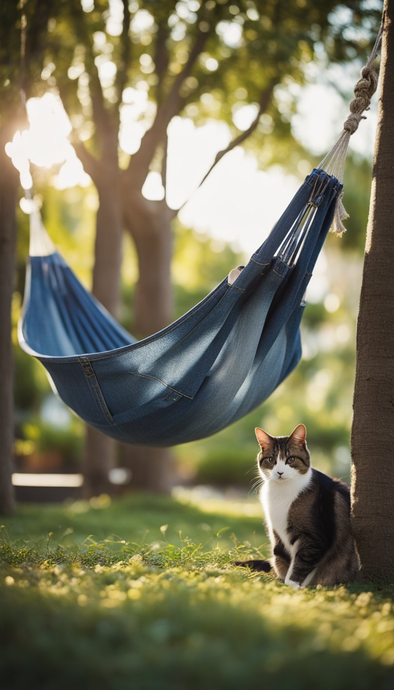 A denim hammock hangs between two trees, with a cat lounging in the center. The hammock is made from upcycled jeans, giving it a rustic and eco-friendly look