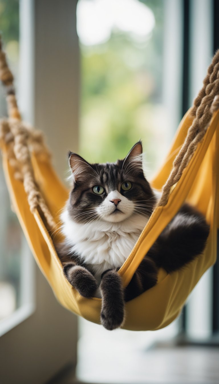 A contented cat lounges in a cozy hammock, purring softly. The hammock is securely fastened to a window, providing a perfect spot for the cat to relax and observe the world outside