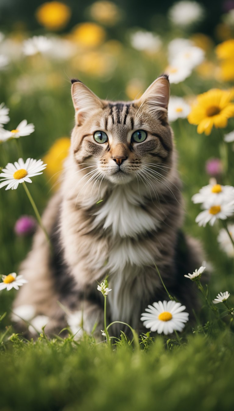 A cat sitting on a grassy patch, surrounded by flowers. A spray bottle labeled "Natural Flea Spray for Cats" sits nearby