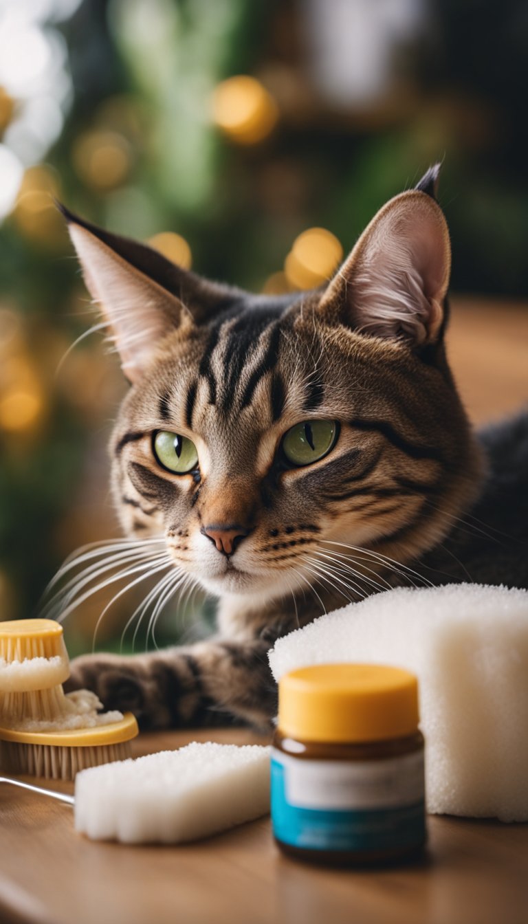 A cat's ear being cleaned with organic ear cleaner, surrounded by DIY cat cleaning products