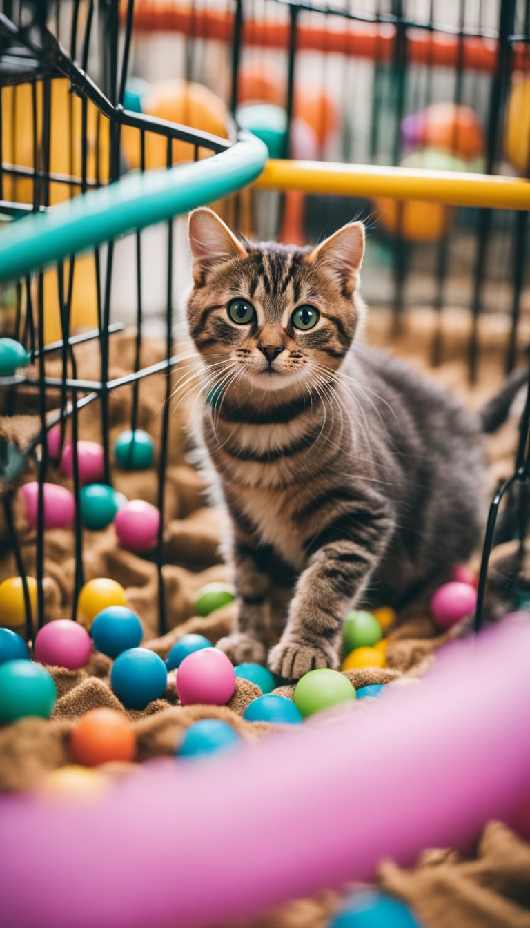 Cats playing in various DIY playpens, featuring tunnels, platforms, and hanging toys. Bright colors and cozy textures create a fun and stimulating environment for the feline friends