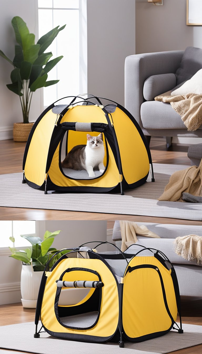 A Zampa Portable Foldable Pet Playpen 9 DIY Cat Playpens set up in a spacious room with colorful toys and cozy bedding