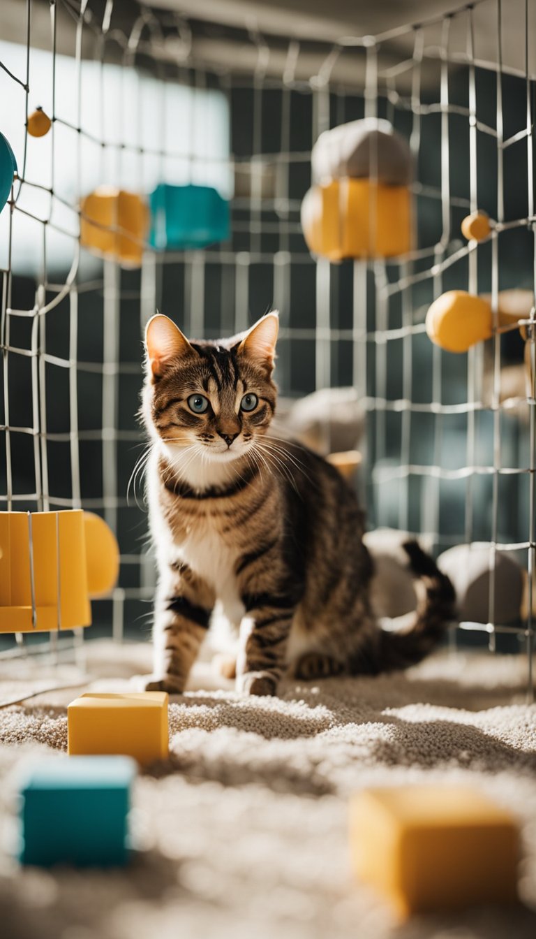 Several cats play in a spacious, interconnected playpen made up of Tespo Pet Playpen 9 DIY Cat Playpens. Toys and climbing structures fill the area