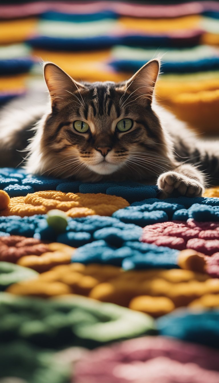 Several cats lounging on colorful, homemade cooling mats. Mats are placed on a shaded surface, with cats enjoying the relief from the heat