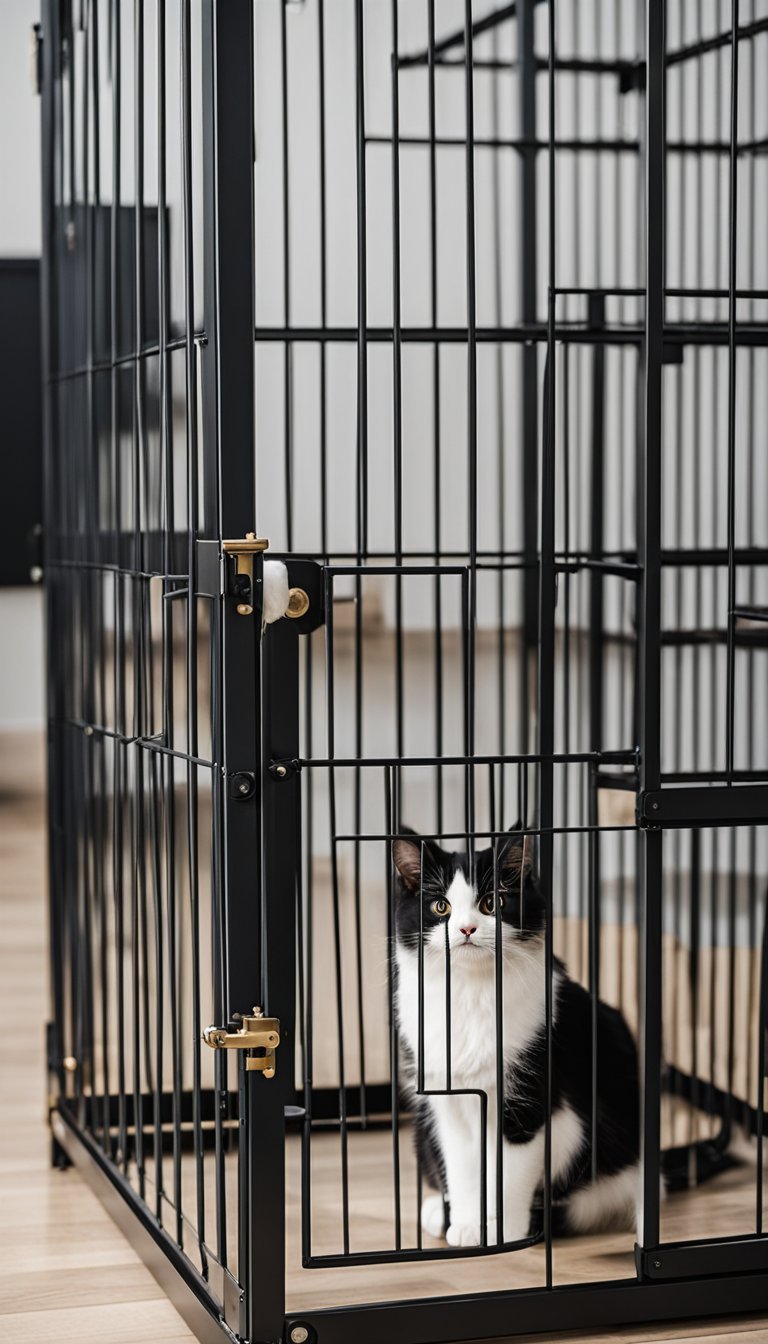 Several metal panels form a spacious playpen for cats, with a door for easy access. The panels are connected by sturdy connectors, creating a secure and customizable space for pets to play and explore