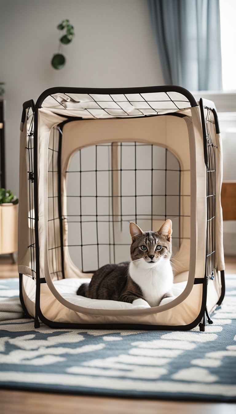 The Parkland Pet Portable Foldable Playpen is set up in a spacious room with various DIY cat playpens inside. Toys and comfortable bedding are scattered around, creating a cozy and playful environment for cats