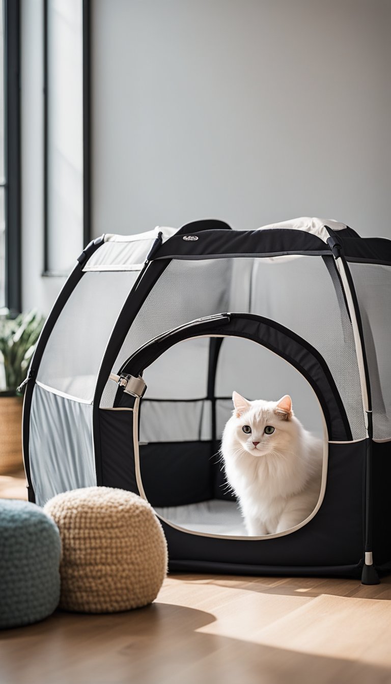 A cozy corner with a Trixie Pet Products Soft Sided Playpen filled with DIY cat playpens, complete with toys, scratching posts, and cozy beds