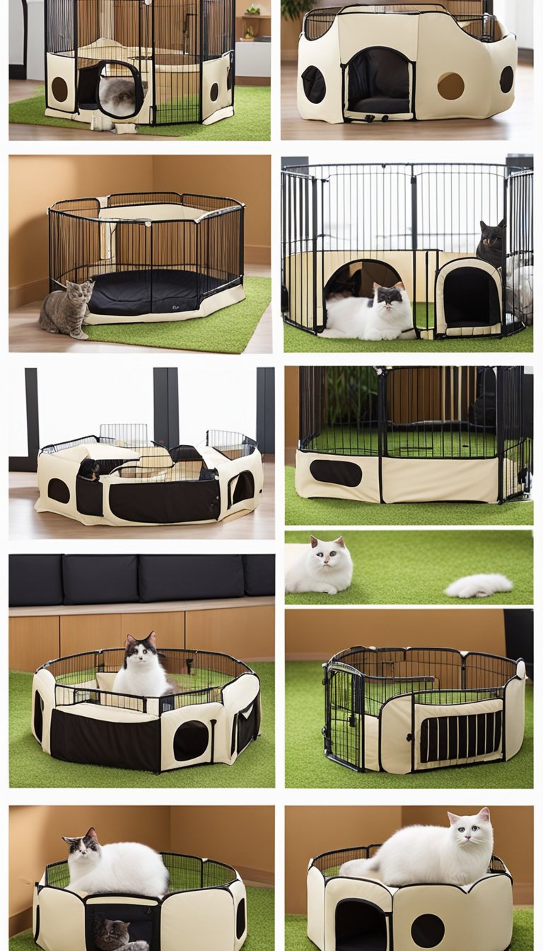 A spacious and sturdy PawHut Cat Playpen, with 9 DIY sections, filled with playful cats enjoying the various levels and activities