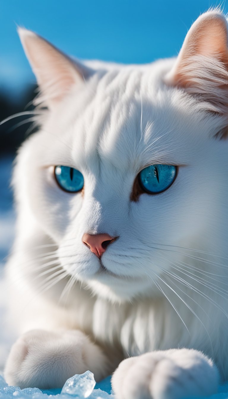 A white cat lies on a blue Arctic Paw Ice Mat 13, surrounded by ice and snow, enjoying the cooling effect on a hot day