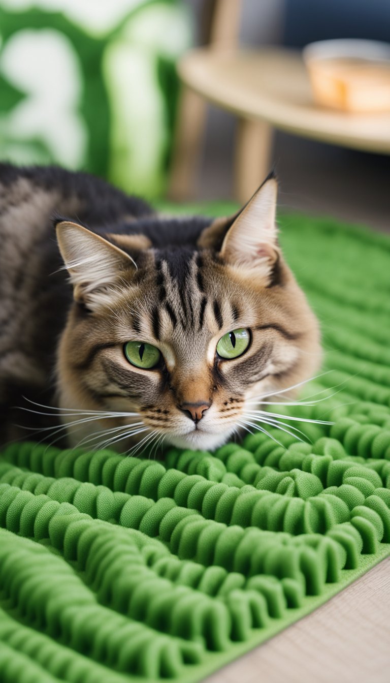 A cat lounges on a Chill Out Mat, surrounded by DIY Cat Cooling Mats by The Green Pet Shop. The cat appears relaxed and comfortable, enjoying the cooling sensation of the mat